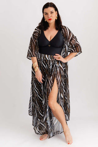 Plážové šifonové pareo dlouhé s rozparky, se safari vzorem