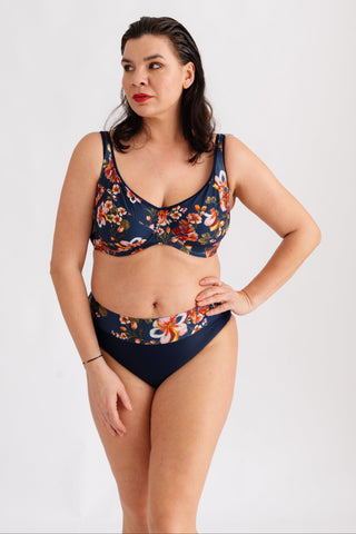 Spodní díl plavek klasického střihu, s květinovým páskem, modrý