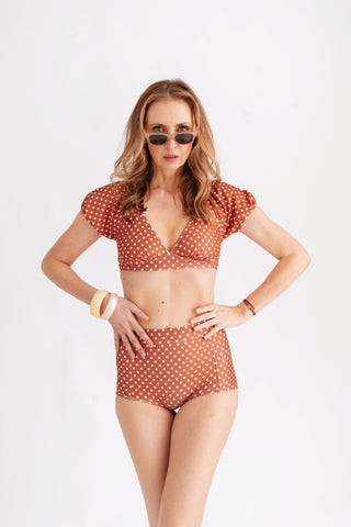 Spodní díl plavek s nohavičkami a retro puntíky, hnědý