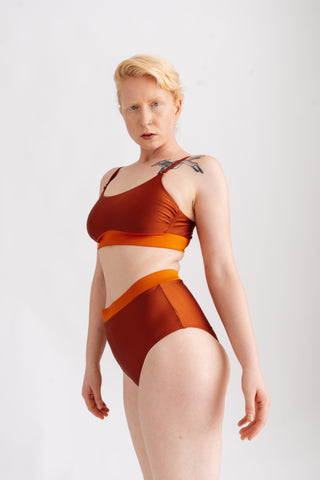 Spodní díl retro s vysokým pasem, v oranžovo-hnědé kombinaci