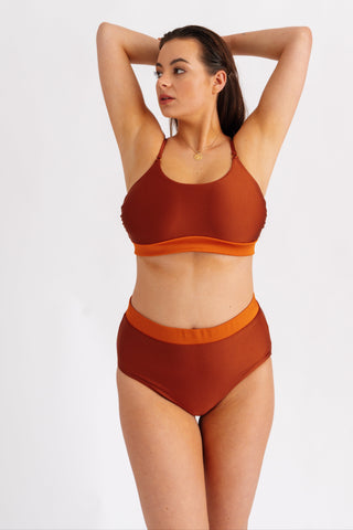 Spodní díl retro s vysokým pasem, v oranžovo-hnědé kombinaci