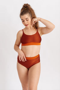 Horní díl plavek s vázáním na zádech, v oranžovo-hnědé retro kombinaci