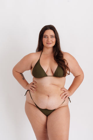 Horní díl plavek bikiny se žebrováním a vázáním, khaki