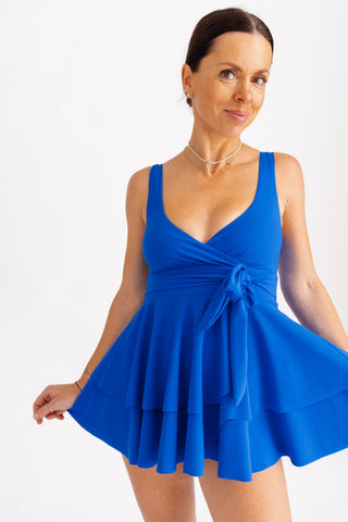 Tankiny s mašlí v pase a volánem, modré