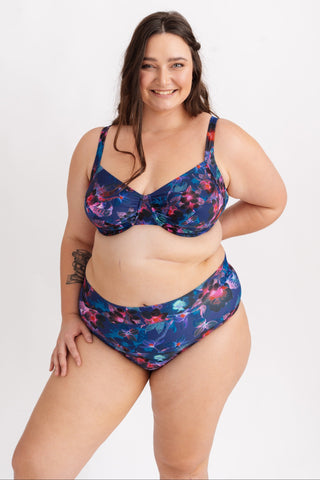 Horní díl plavek s půlenými koši a výztuží, s modrými květy