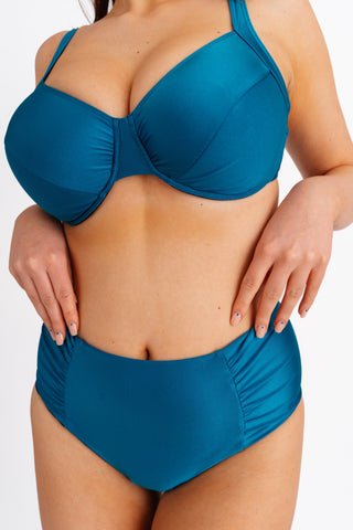 Spodní díl plavek s vysokým pasem a řasením na bocích, tyrkysový