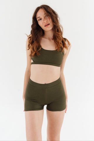 Spodní díl plavek sportovní kraťásky se žebrováním, khaki