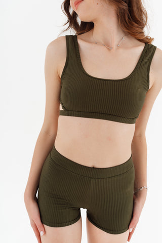 Horní díl plavek sportovního střihu s žebrovanou strukturou a prostřihy, khaki