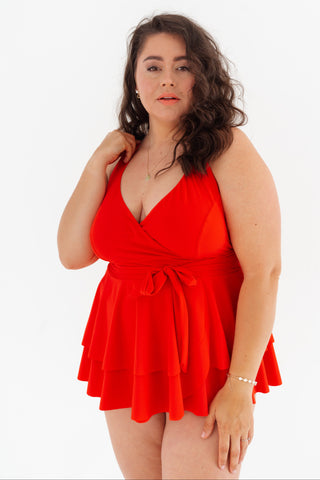 Tankiny s mašlí v pase a volánem, červené