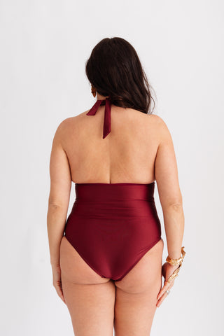 Jednodílné plavky se zavazováním za krk, bordó