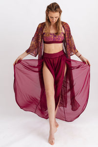 Plážové šifonové kalhoty s vysokými rozparky, bordó