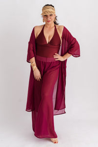 Plážové šifonové pareo dlouhé s rozparky, bordó